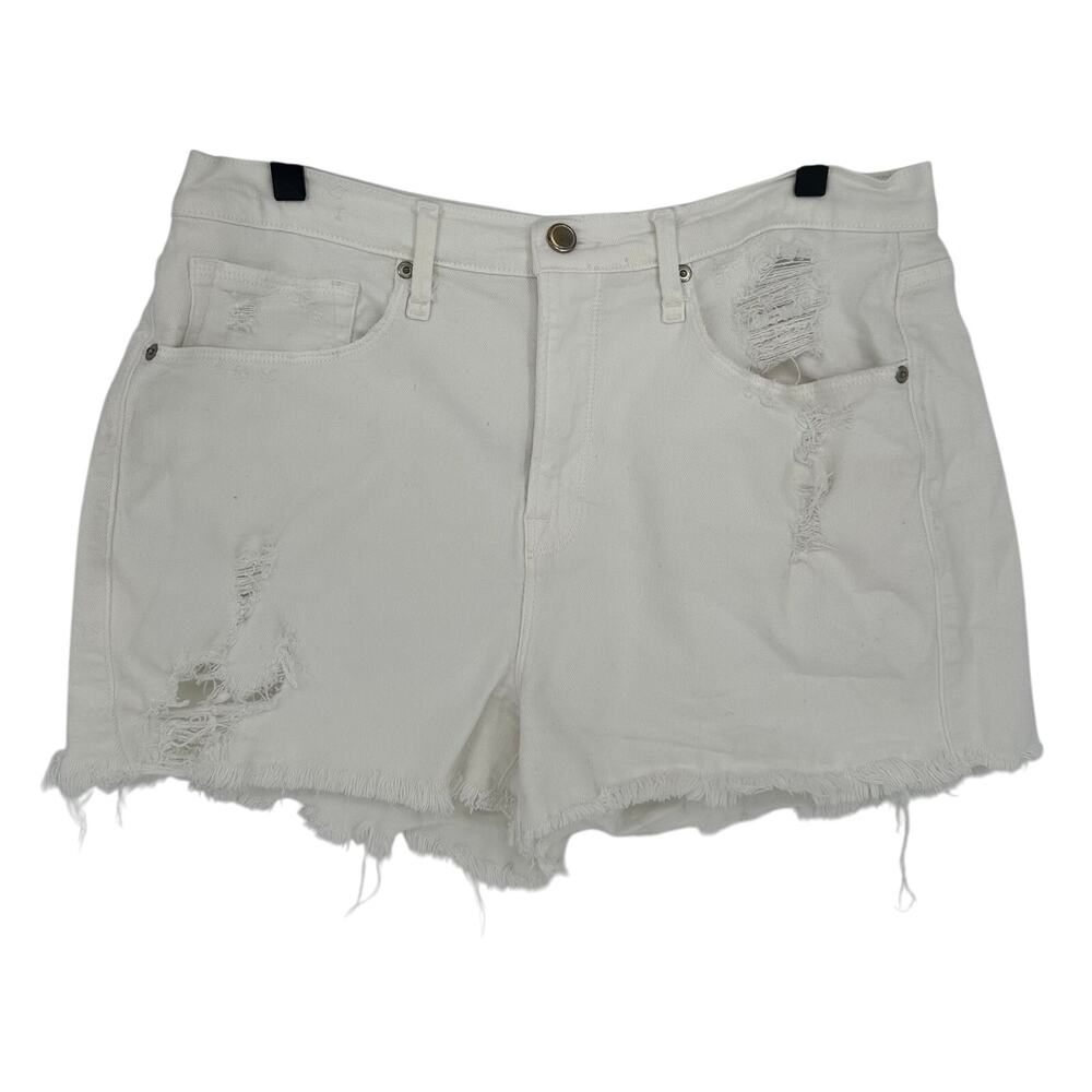 Good American Women's 30 White Distressed Denim Jean Shorts High Rise Cutoff 90s